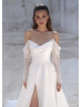 Long Sleeves Beaded Ivory Lace Satin Slit Sexy Wedding Dress